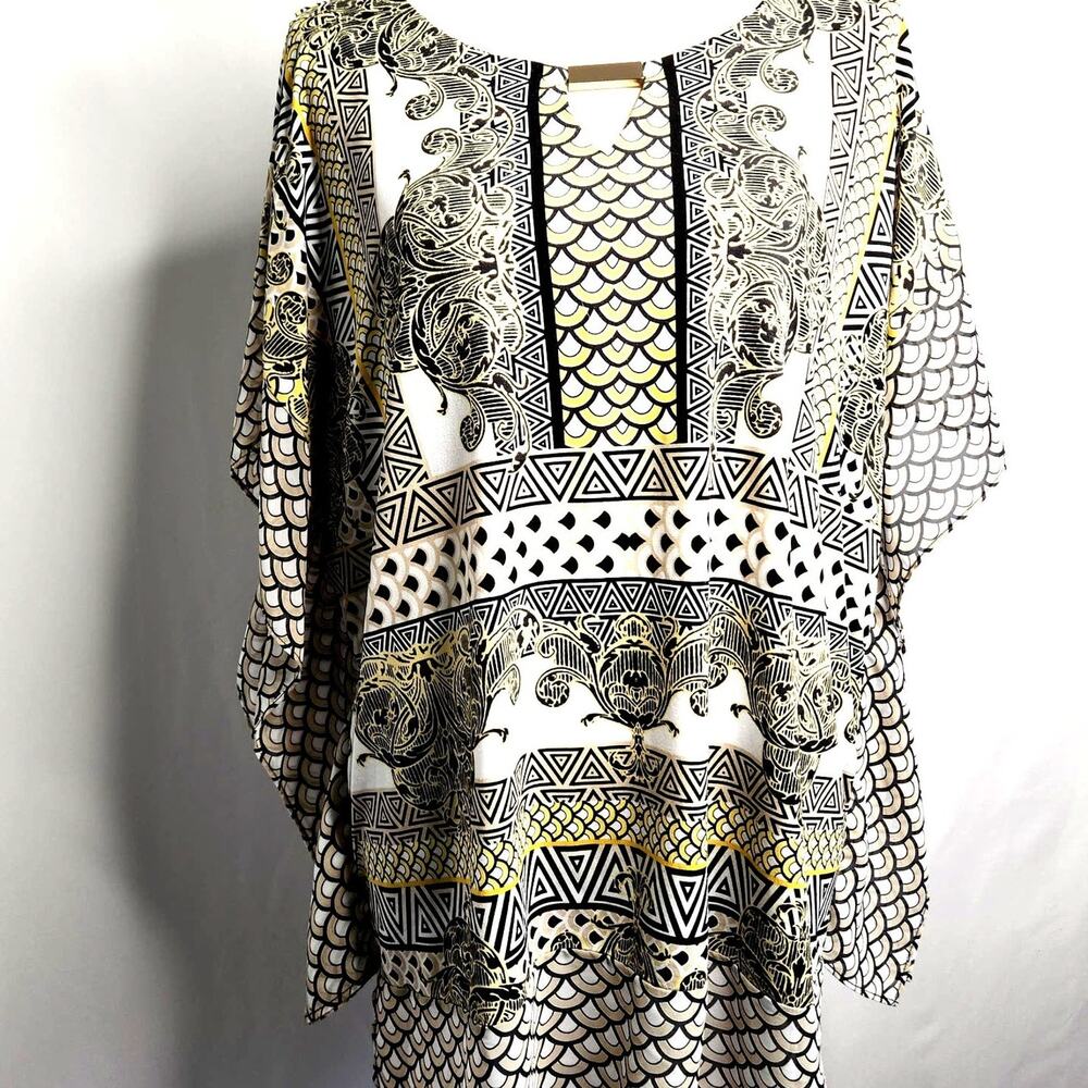 JM Collection Tunic Top Size L Black Gold Printed Sheer Lined Layered Silky Soft
